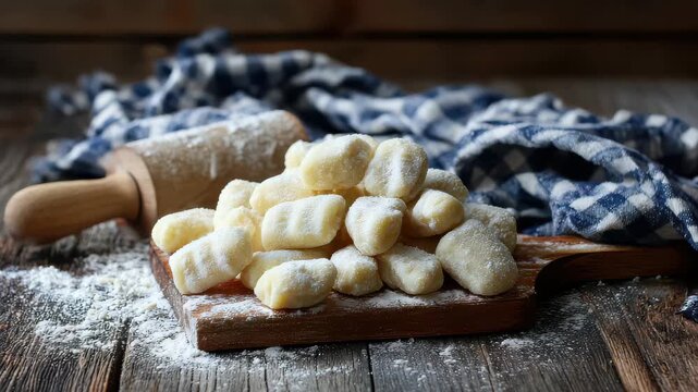 Making gnocchi dough on a wooden board with flour and a rolling pin by a checkered cloth in a kitchen setting in the afternoon light