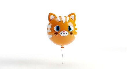 Fototapeta premium A cute orange cat head shaped balloon with white stripes and blue eyes, floating on a white background.