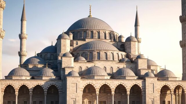 Architectural blueprint transitions to a detailed 3D model.  The grand mosque design showcases intricate domes and minarets.