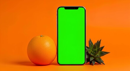"Smartphone with Green Screen and Orange Fruit &ndash; Minimal Tech Mockup with Succulent on Vibrant Background"