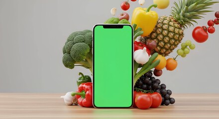 "Smartphone with Green Screen Among Fresh Produce &ndash; Healthy Food and Tech Scene for Nutrition and Culinary Apps"