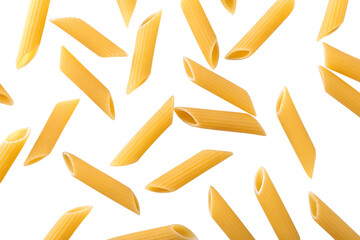 Uncooked penne pasta pieces floating isolated on transparent background