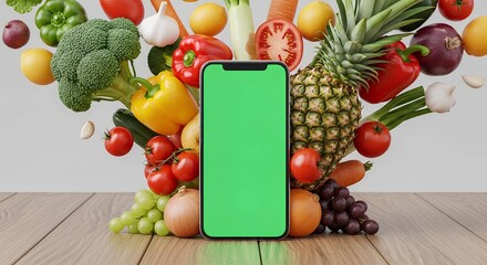 "Smartphone with Green Screen Among Fresh Produce &ndash; Healthy Food and Tech Scene for Nutrition Apps and Digital Marketing"