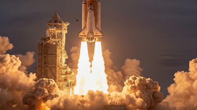 Powerful space shuttle launching into the sky from its launchpad with dramatic smoke and flames outdoors, symbolizing progress.
