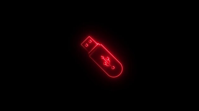Glowing neon USB pendrive icon isolated on black background. USB Drive icon animation. Security, safety, protection concept. USB Flash Drive Icon Glowing Neon Animation..