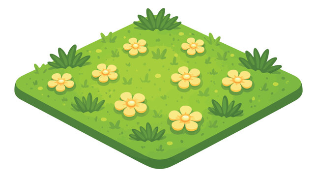 Isometric cartoon illustration of a patch of grass depicting blooming yellow flowers for game design