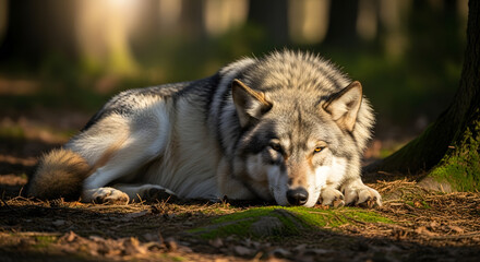 Obraz premium Peaceful image of a wolf lying down in the grass