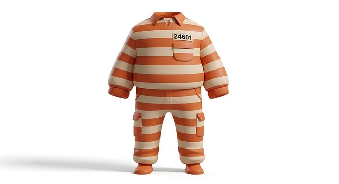 Cartoonish orange and beige striped prisoner's uniform with number tag 24601 on a white background.