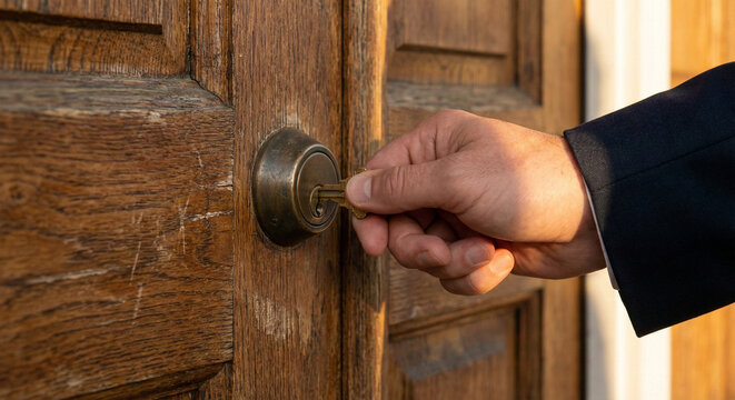 Man in a suit unlocking a wooden front door with a key, close up