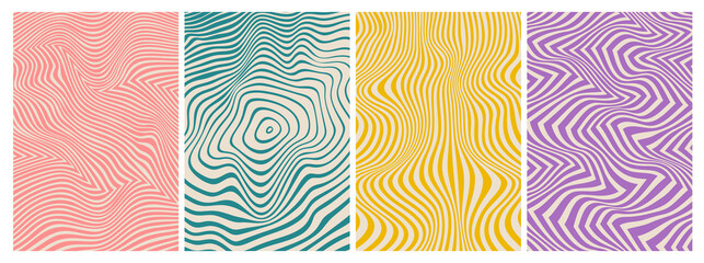 Retro psychedelic red, purple, green and yellow line groovy pattern or print. Psychedelic funky pattern, distorted spiral hippie vector backdrop. Trippy Y2K print or wavy line groovy background © Buch&Bee