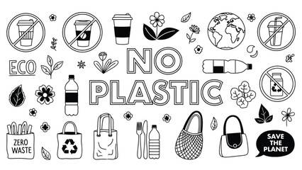 Naklejka premium A black and white illustration promoting eco friendly living with no plastic