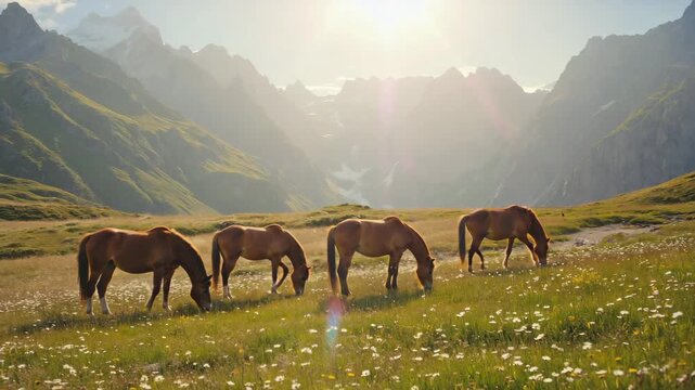 A group wild horses stands peacefully while grazing in a sunlit alpine meadow filled with wildflowers, surrounded with mountain landscape