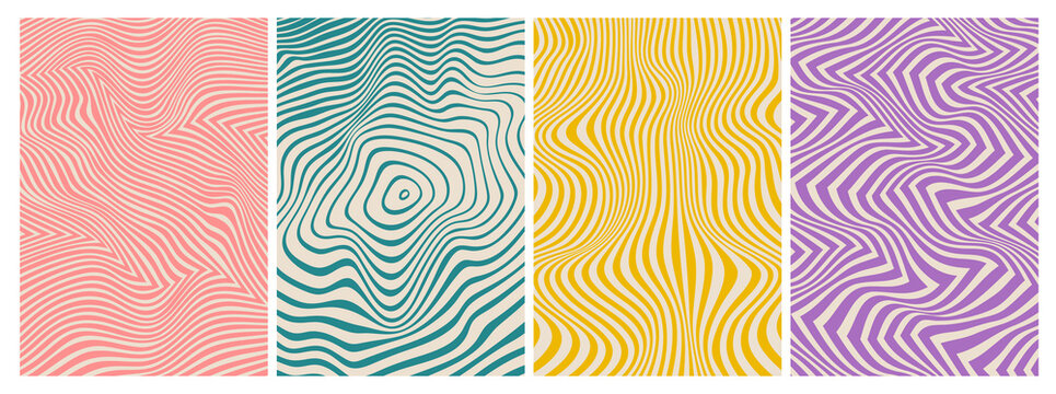 Retro psychedelic red, purple, green and yellow line groovy pattern or print. Psychedelic funky pattern, distorted spiral hippie vector backdrop. Trippy Y2K print or wavy line groovy background