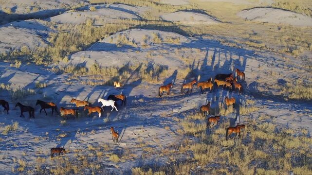 Wild Horse Herd Running gracefully across rolling snow-covered hills, casting long shadows in the warm golden light of sunset