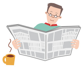 コーヒーを飲みながら新聞を読む男性、上半身のベクターイラスト