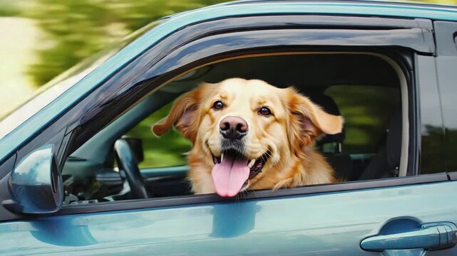 Happy Golden Retriever is enjoying a car ride, sticking its head out of the window, sticking its tongue out, its eyes sparkling, enjoying the road trip and the cool breeze