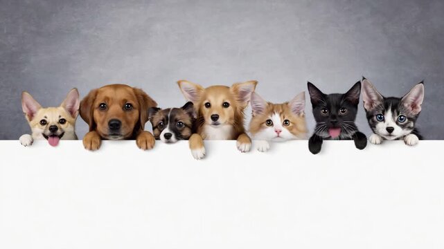 Cute group of puppies and kittens lined up side by side, peeking over a white banner, creating a playful and friendly atmosphere with plenty of copy space