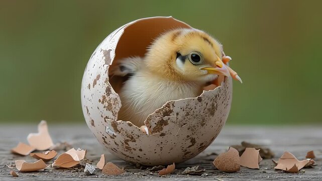 A cute newborn yellow chick hatching from an eggshell outdoors