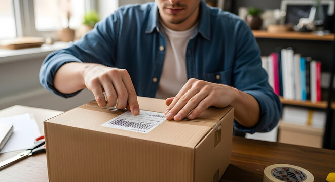 Professional worker preparing a parcel for shipping by applying a tracking sticker on a cardboard box