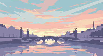 Naklejka premium Serene Parisian sunset reflected on the Seine River, with iconic bridges and cityscape bathed in soft pastel hues of a new dawn or fading twilight