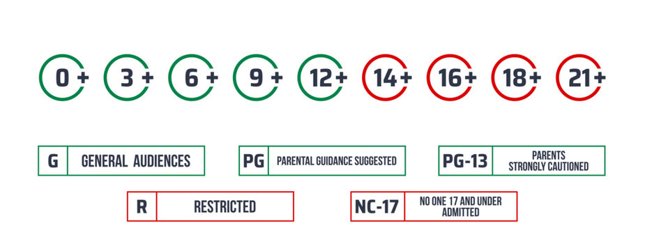 Age restriction and movie rating icons of general audience, parental guidance, pg 13, restricted, nc17 and different age categories symbols for media classification, censorship, and viewer guidance
