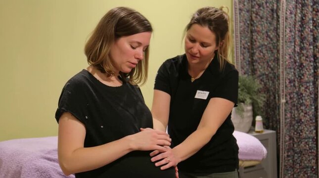 Caring doula or midwife supporting a pregnant woman during a prenatal visit, gently touching her baby bump. Maternity, wellness, childbirth and prenatal support. Last month of pregnancy