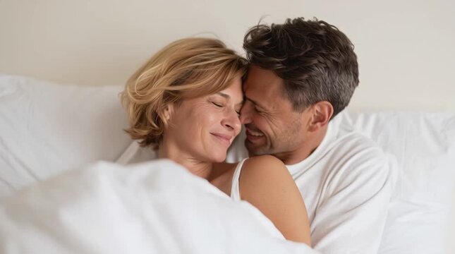 Happy mature couple cuddling in a bright white bed. The man embraces the smiling woman from behind. An intimate, tender moment of love and contentment