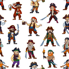Groovy pirate and corsair characters seamless pattern. Cartoon vector tile background with funny pirate personages as sea captains and sailors holding swords, mugs, lanterns, rum bottles and torches