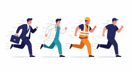 Fototapeta premium Four diverse professionals, including a businessman, doctor, construction worker, and service worker, running together.