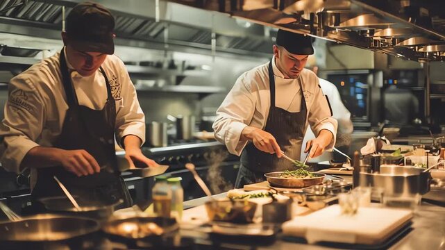 Chefs working quickly in a busy professional restaurant kitchen
