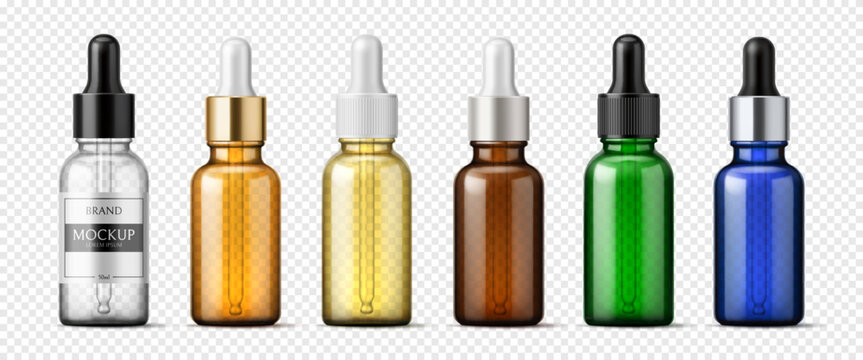 Realistic glass dropper pipette bottle mockup, vector cosmetic, essential oil and medicine package. 3d brown, ember and green, blue and clear glass bottles and flasks with dropper pipette lids