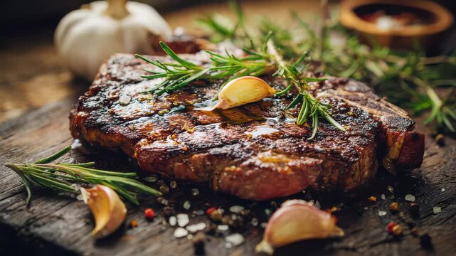 Grilled steak on a wooden board with garlic and herbs in a kitchen setting at night