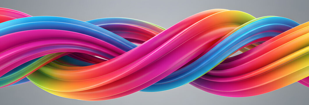 3D abstract background, wide composition 16:9, colorful flowing waves, vibrant neon gradients, smooth glossy surfaces, cinematic lighting, realistic depth