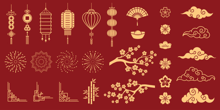 Asian Chinese lunar year design elements, oriental lanterns and knots, traditional fan and clouds, flower blossom and bamboo, fireworks and sakura or cherry tree branches. Vector gold ornaments set