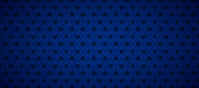 Blue playing cards pattern background. Retro poker or casino table theme wallpaper. Navy colored vintage spades, hearts, diamonds, clubs symbols backdrop. Vegas gambling concept texture. Vector