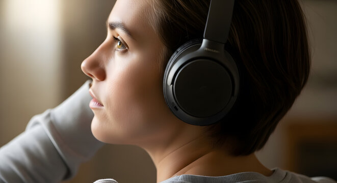 Close up profile of a young woman wearing black over ear wireless headphones looking focused and calm