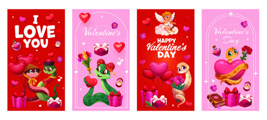Fototapeta premium Valentine day posters with snakes couple and hearts for love holiday, cartoon vector. Happy Valentine day greeting cards with cupid angel or cherubs on clouds, heart balloons and wedding ring for gift