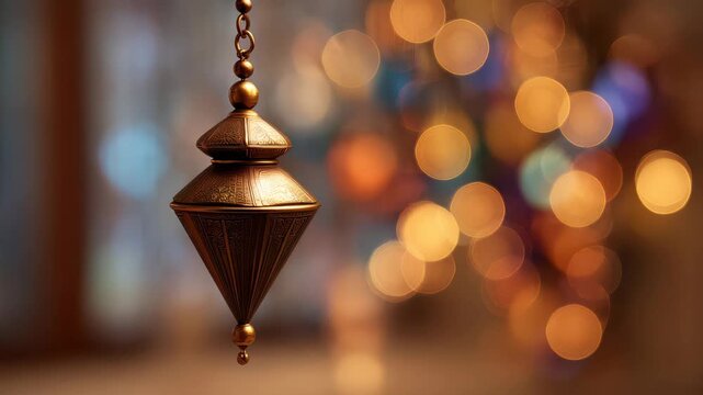 Decorative pendulum hanging in a soft-lit space creates a warm atmosphere with blurred lights in the background during a quiet evening