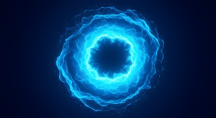 Glowing ethereal blue energy rings emanate from a dark center, on a dark background