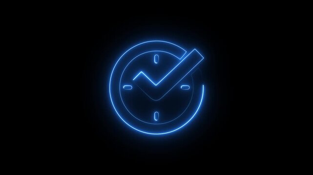 Check mark on glowing neon clock, real time protection icon vector, filled flat sign, glyph style pictogram isolated on white, cyber security time validation icon