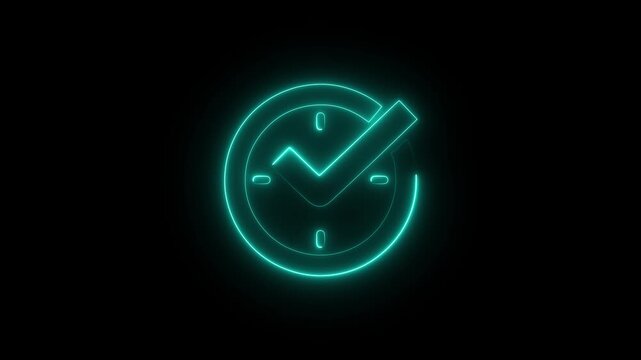 Check mark on glowing neon clock, real time protection icon vector, filled flat sign, glyph style pictogram isolated on white, cyber security time validation icon
