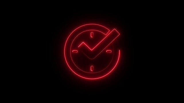 Check mark on glowing neon clock, real time protection icon vector, filled flat sign, glyph style pictogram isolated on white, cyber security time validation icon