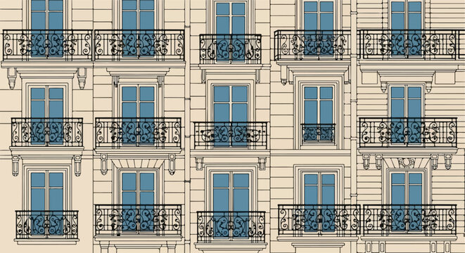 Pattern of Parisian apartment building facades with ornate balconies and windows creating a classic architectural design with a sense of uniformity and elegance