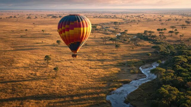 Hot air balloon floats over savanna landscape during golden hour with winding river and scattered trees in the background