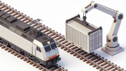 Fototapeta premium Smart Rail Icon | Minimalist 3D Isometric Art of Automated Freight Train, Railway Logistics & Intermodal Hub