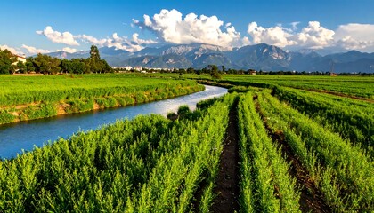 Naklejka premium Serene landscape river through vibrant green fields and mountains