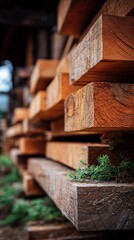 Wood pieces stacked in a construction area with green plants growing nearby in a natural setting