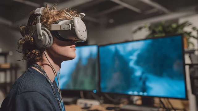 Person wearing virtual reality headset engages with a computer game in a modern gaming setup during evening hours