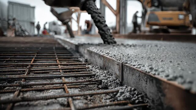 Workers pour concrete on a construction site while machinery operates in the background during daylight hours