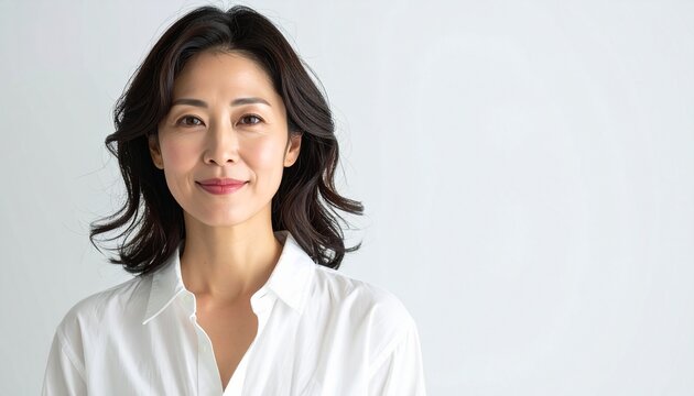 日本人女性, 40代後半, 朝の洗面所で保湿ケア, 清潔な白いシャツ, 柔らかい自然光, 健康的な肌, スキンケア広告風 Japanese woman in her late 40s, moisturizing in morning bathroom, clean white shirt, soft natural light, healthy skin